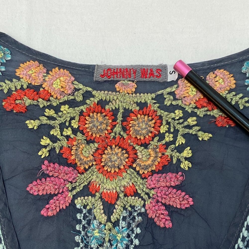 Johnny Was Blue Grey Heidi S Cap Sleeve V Neck Embroidered Sheer Tunic Kaftan - Picture 12 of 13